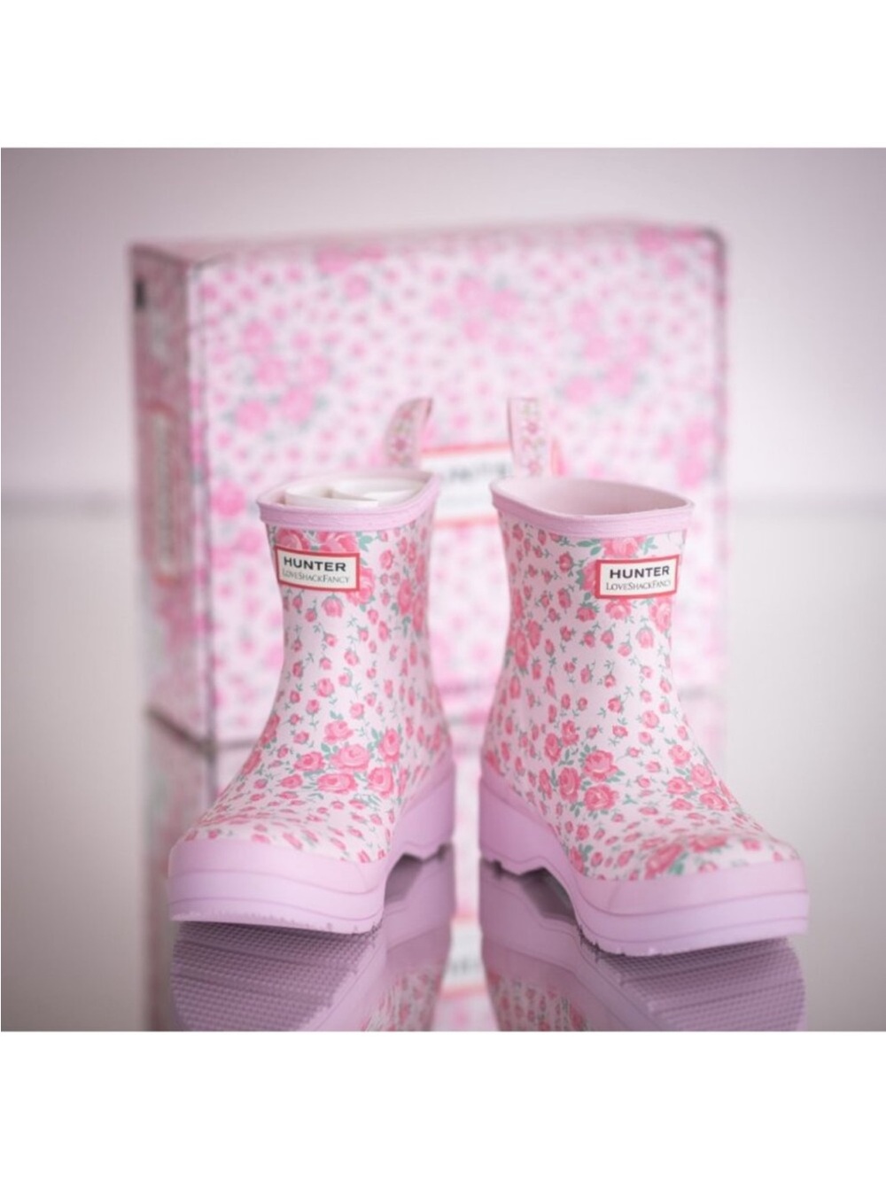 Hunter x LoveShackFancy Pink Floral Rain Boots Size 7 Play Short Scoop Boot New